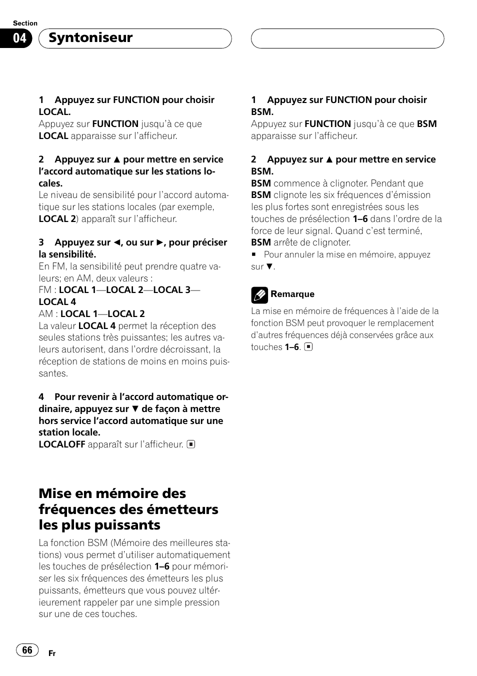 Mise en mémoire des fréquences des, Émetteurs les plus puissants 66, Syntoniseur | Pioneer DEH-P550MP User Manual | Page 66 / 164