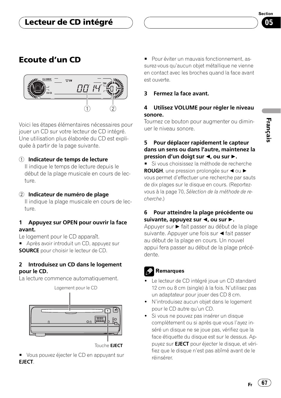 Lecteur de cd intégré, Ecoute dun cd 67, Ecoute dun cd | Pioneer DEH-P550MP User Manual | Page 67 / 164