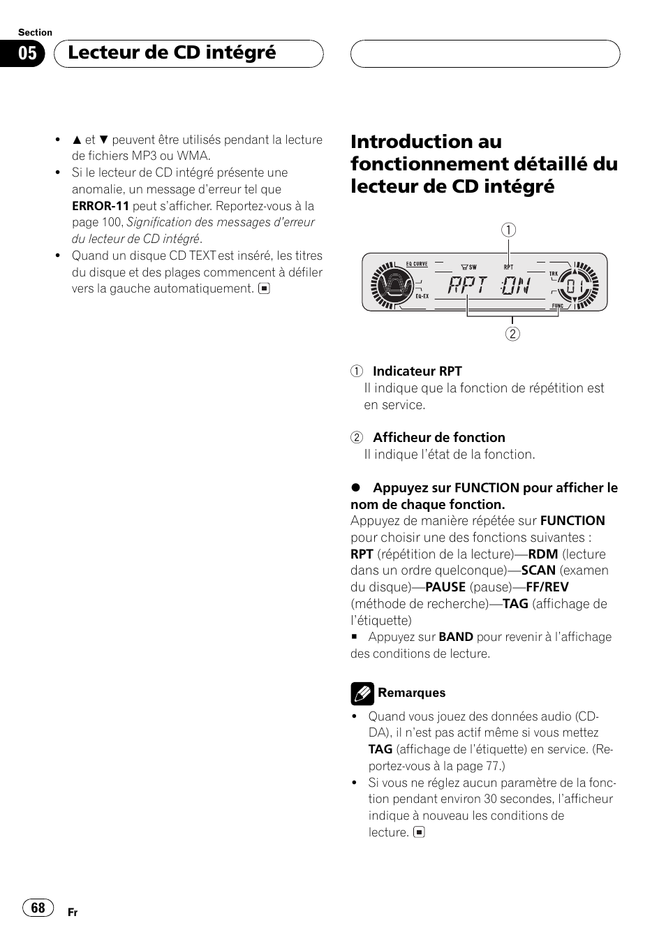 Introduction au fonctionnement détaillé du, Lecteur de cd intégré 68, Lecteur de cd intégré | Pioneer DEH-P550MP User Manual | Page 68 / 164