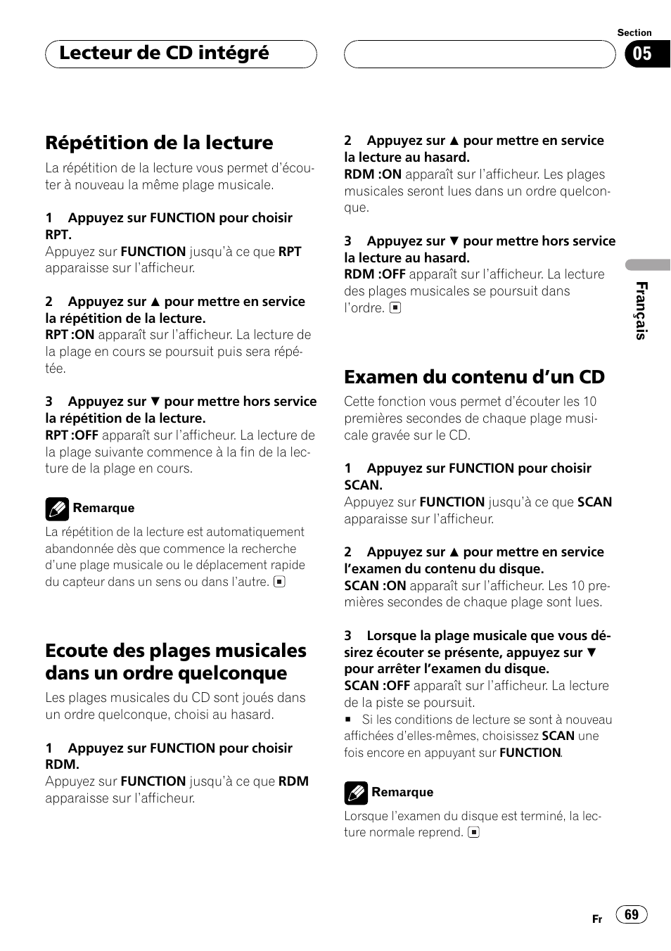 Répétition de la lecture 69, Ecoute des plages musicales dans un ordre, Quelconque 69 | Examen du contenu dun cd 69, Répétition de la lecture, Examen du contenu dun cd, Lecteur de cd intégré | Pioneer DEH-P550MP User Manual | Page 69 / 164