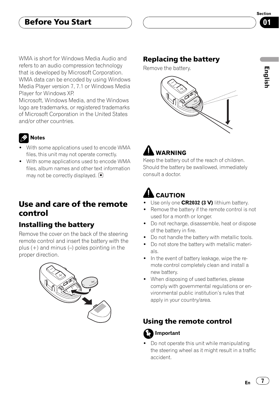 Use and care of the remote control 7, Installing the battery 7, Replacing the battery 7 | Using the remote control 7, Use and care of the remote control, Before you start | Pioneer DEH-P550MP User Manual | Page 7 / 164
