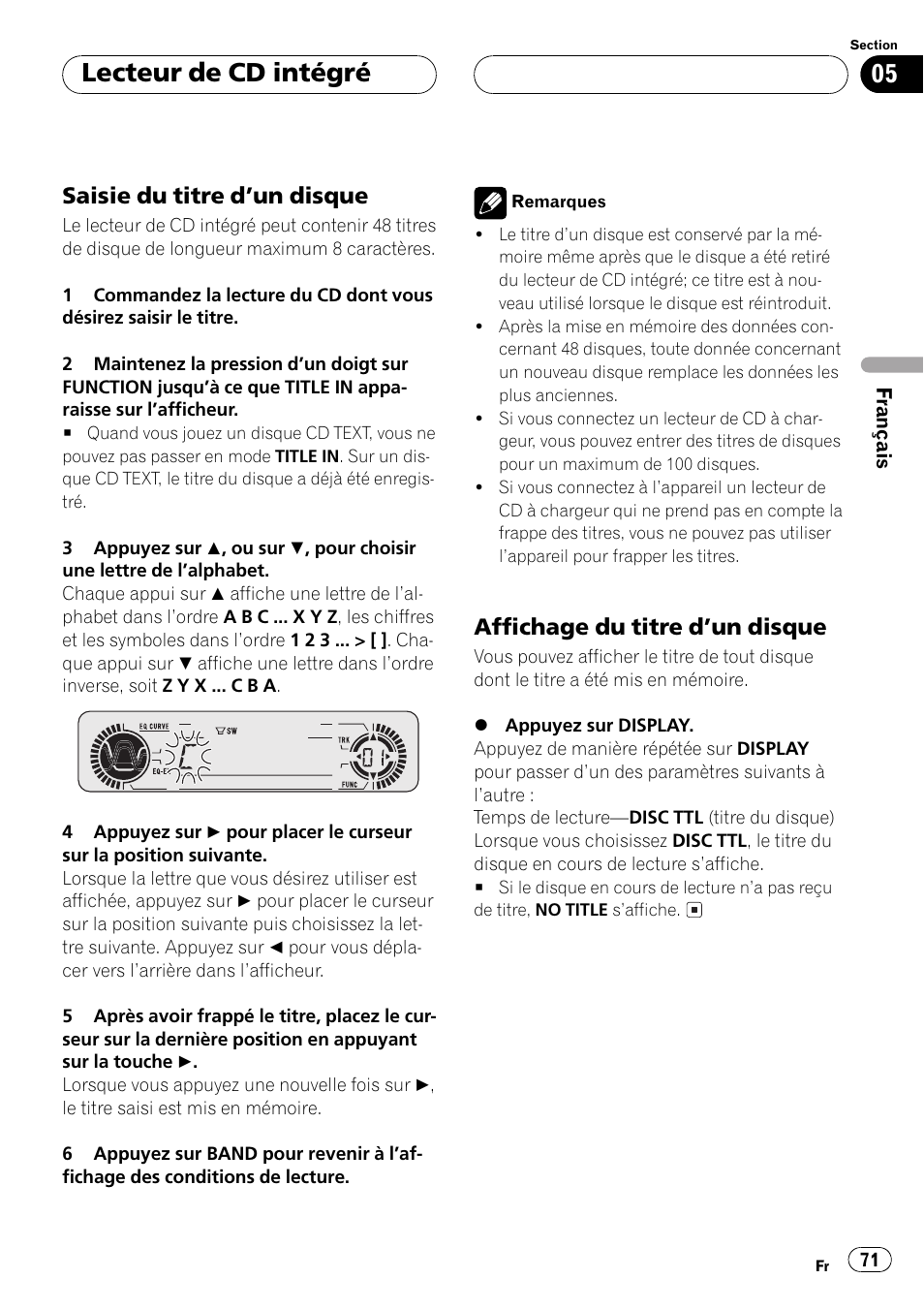 Saisie du titre dun disque 71, Affichage du titre dun disque 71, Lecteur de cd intégré | Saisie du titre dun disque, Affichage du titre dun disque | Pioneer DEH-P550MP User Manual | Page 71 / 164