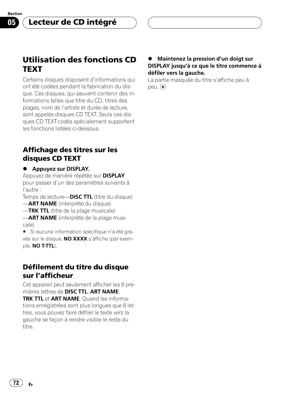 Utilisation des fonctions cd text 72, Affichage des titres sur les disques, Cd text 72 | Défilement du titre du disque sur, Lafficheur 72, Utilisation des fonctions cd text, Lecteur de cd intégré | Pioneer DEH-P550MP User Manual | Page 72 / 164