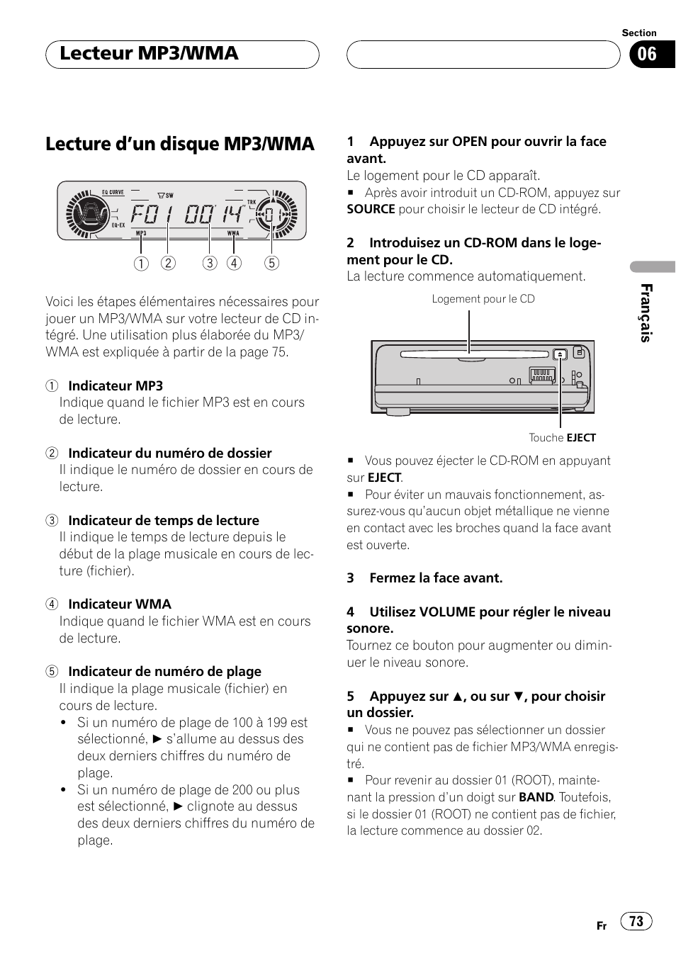 Lecteur mp3/wma, Lecture dun disque mp3/wma 73, Lecture dun disque mp3/wma | Pioneer DEH-P550MP User Manual | Page 73 / 164