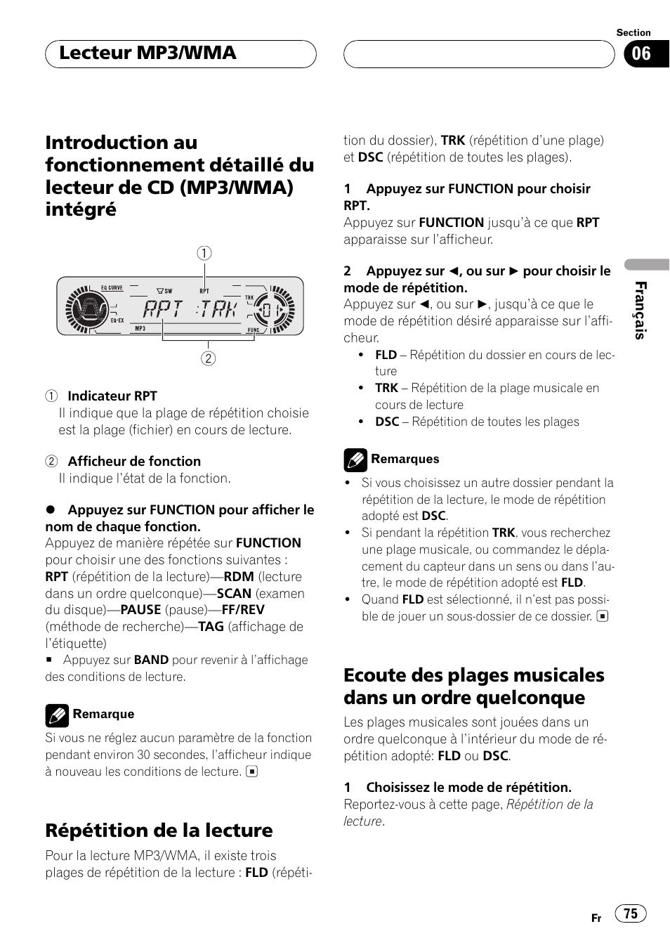 Introduction au fonctionnement détaillé du, Lecteur de cd (mp3/wma) intégré 75, Répétition de la lecture 75 | Ecoute des plages musicales dans un ordre, Quelconque 75, Répétition de la lecture, Lecteur mp3/wma | Pioneer DEH-P550MP User Manual | Page 75 / 164