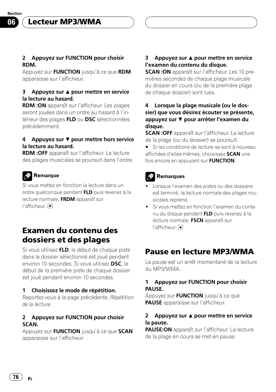 Examen du contenu des dossiers et des, Plages 76, Pause en lecture mp3/wma 76 | Examen du contenu des dossiers et des plages, Pause en lecture mp3/wma, Lecteur mp3/wma | Pioneer DEH-P550MP User Manual | Page 76 / 164