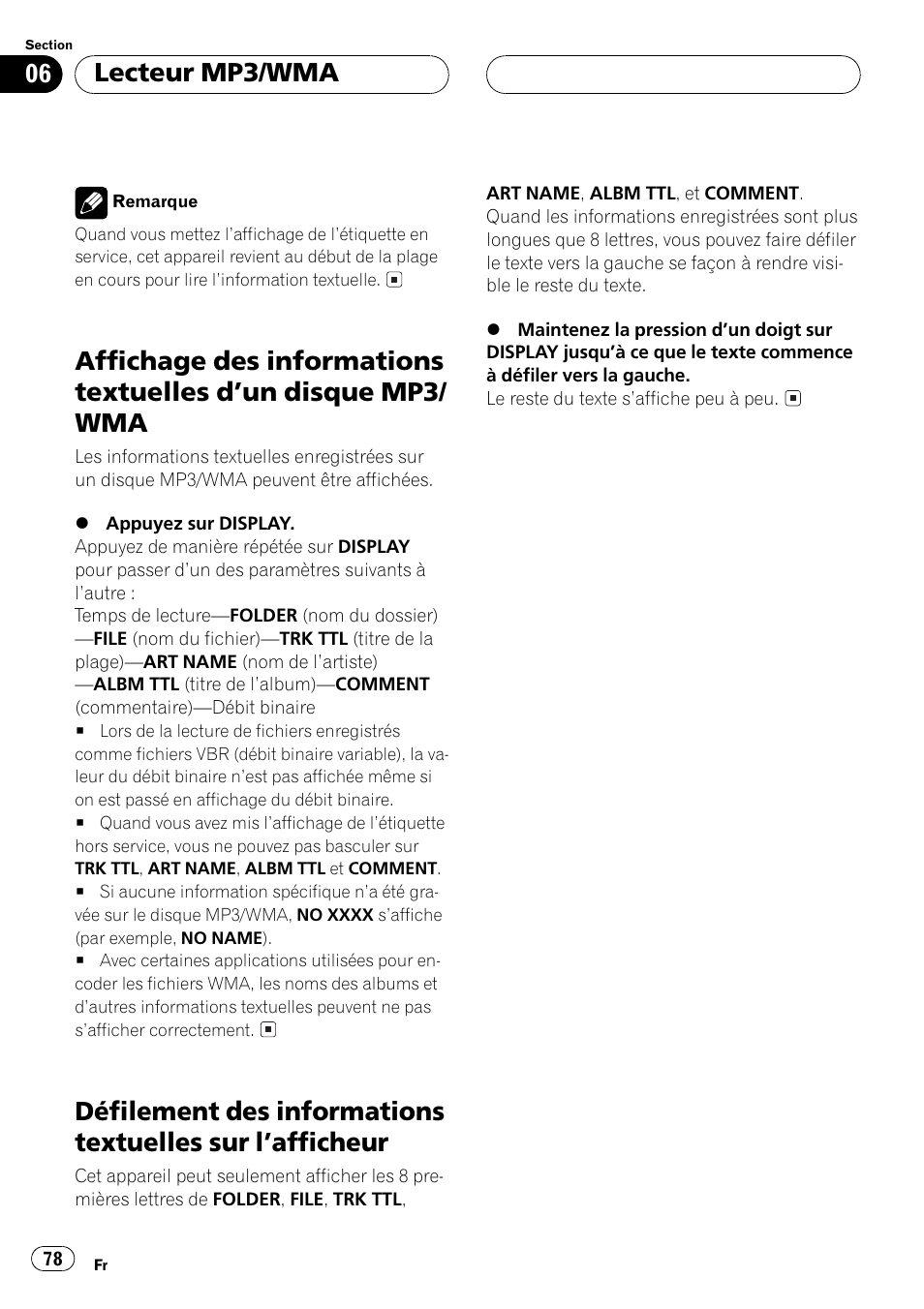 Affichage des informations textuelles dun, Disque mp3/wma 78, Défilement des informations textuelles sur | Lafficheur 78, Lecteur mp3/wma | Pioneer DEH-P550MP User Manual | Page 78 / 164