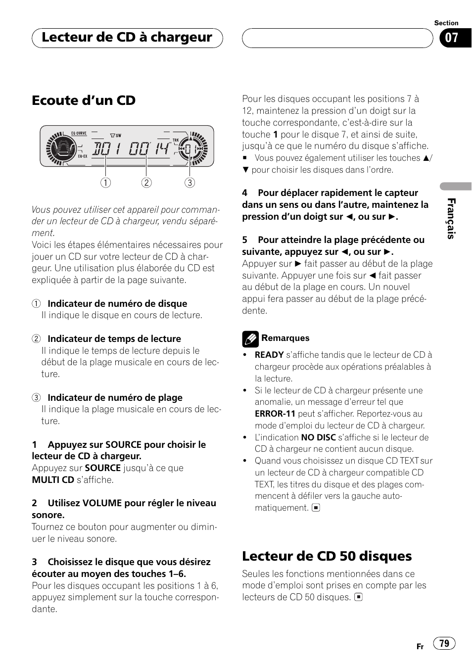 Lecteur de cd à chargeur, Ecoute dun cd 79, Lecteur de cd 50 disques 79 | Ecoute dun cd, Lecteur de cd 50 disques | Pioneer DEH-P550MP User Manual | Page 79 / 164