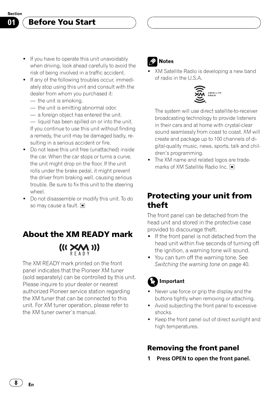 Removing the front panel 8, About the xm ready mark, Protecting your unit from theft | Before you start, Removing the front panel | Pioneer DEH-P550MP User Manual | Page 8 / 164