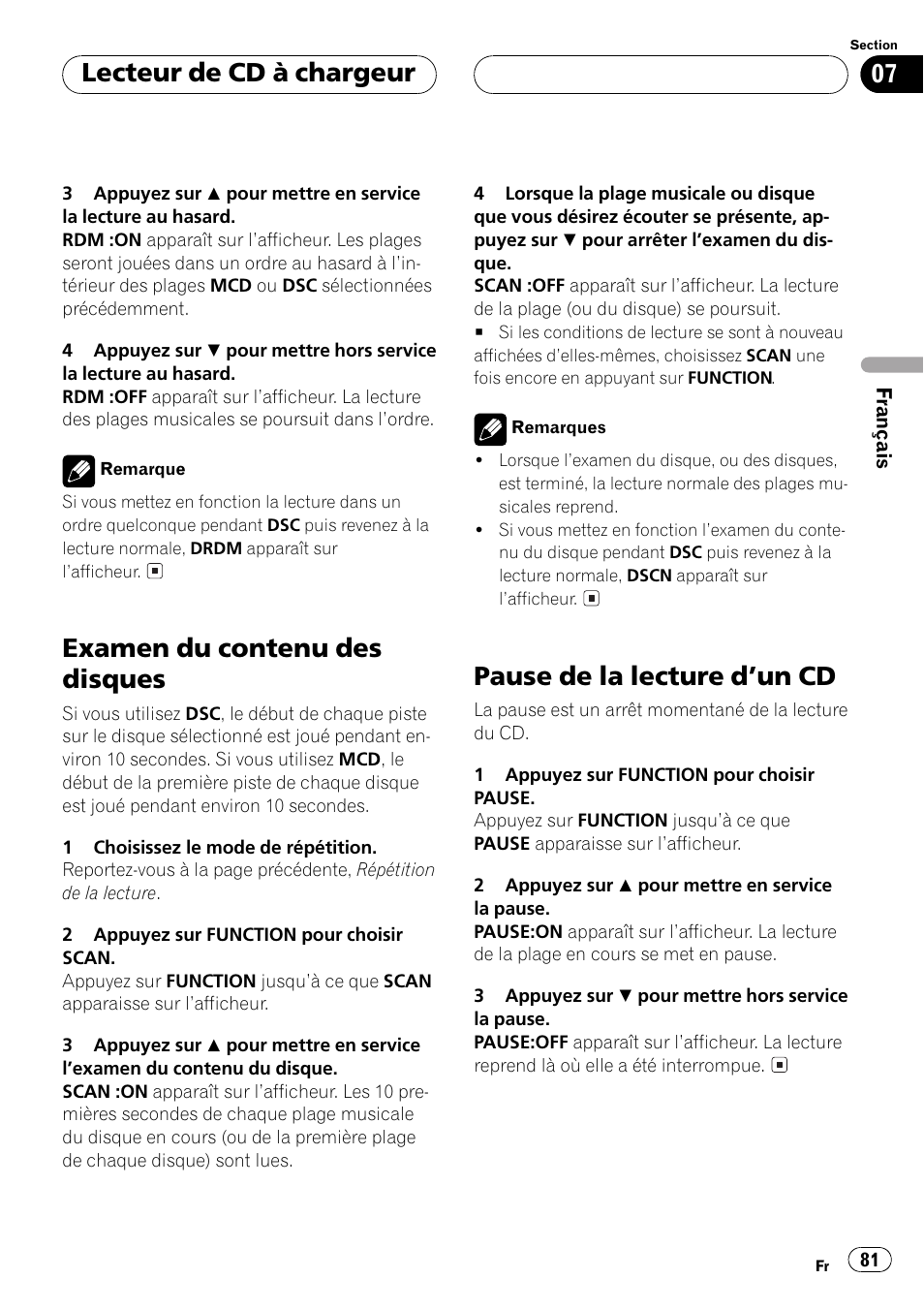 Examen du contenu des disques 81, Pause de la lecture dun cd 81, Examen du contenu des disques | Pause de la lecture dun cd, Lecteur de cd à chargeur | Pioneer DEH-P550MP User Manual | Page 81 / 164