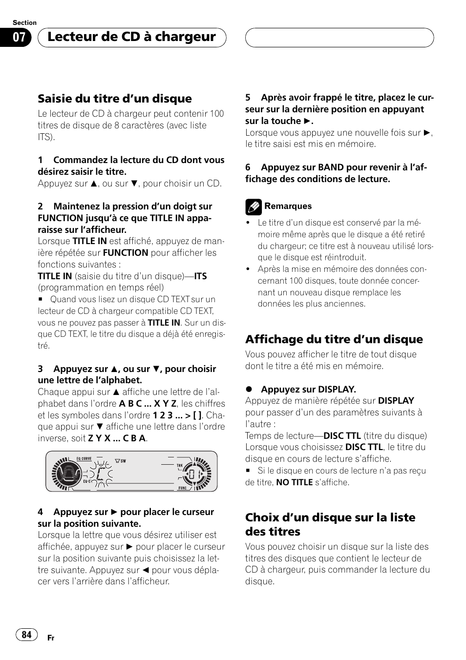 Saisie du titre dun disque 84, Affichage du titre dun disque 84, Choix dun disque sur la liste des | Titres 84, Lecteur de cd à chargeur, Saisie du titre dun disque, Affichage du titre dun disque, Choix dun disque sur la liste des titres | Pioneer DEH-P550MP User Manual | Page 84 / 164