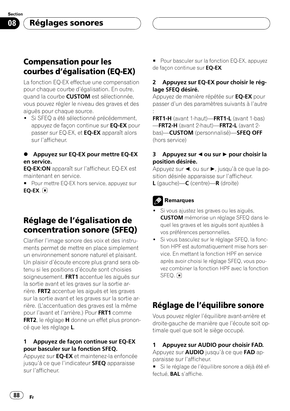 Compensation pour les courbes dégalisation, Eq-ex) 88, Réglage de légalisation de concentration | Sonore (sfeq) 88, Réglage de léquilibre sonore 88, Réglage de léquilibre sonore, Réglages sonores | Pioneer DEH-P550MP User Manual | Page 88 / 164