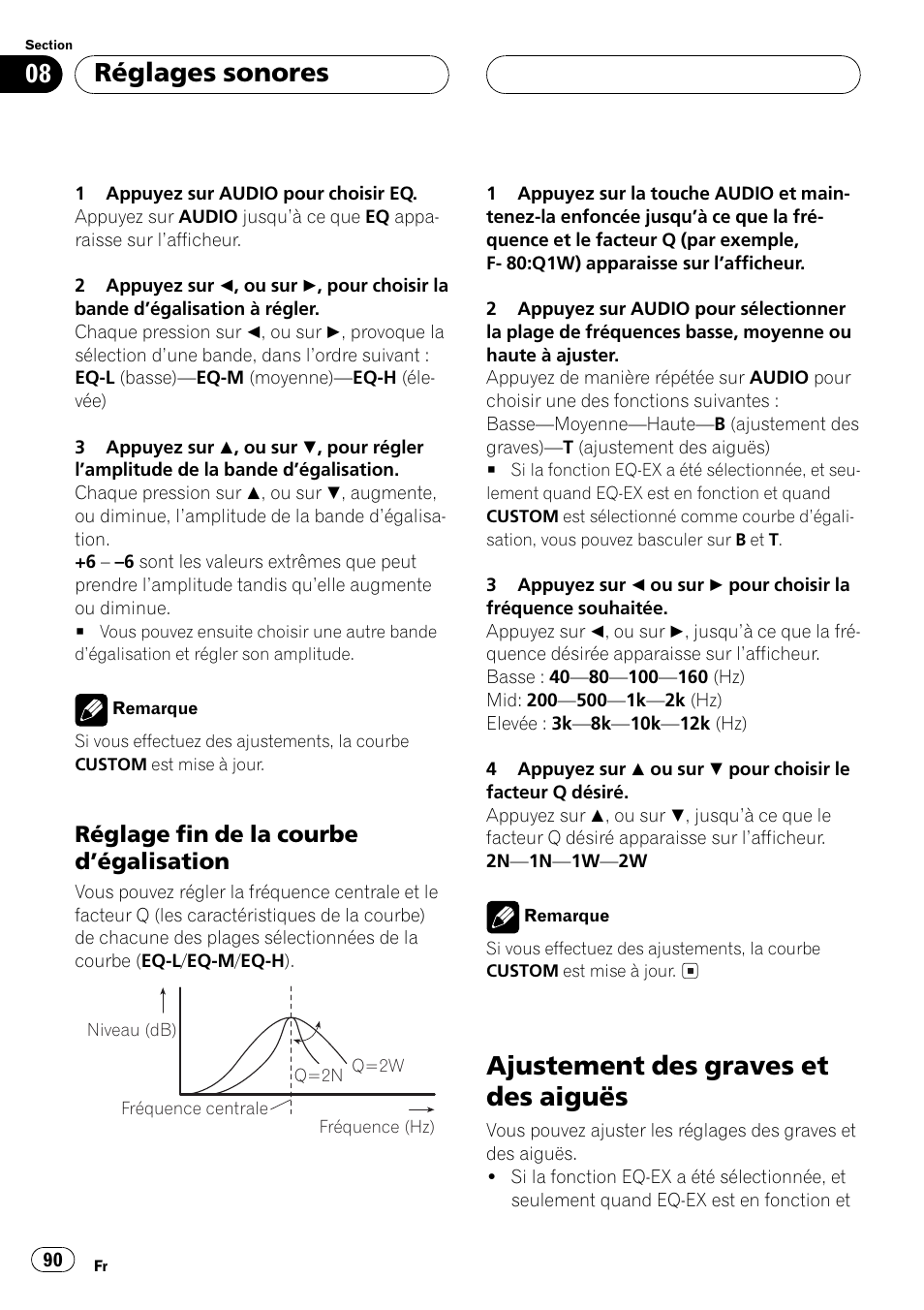 Réglage fin de la courbe, Dégalisation 90, Ajustement des graves et des aiguës 90 | Ajustement des graves et des aiguës, Réglages sonores, Réglage fin de la courbe dégalisation | Pioneer DEH-P550MP User Manual | Page 90 / 164