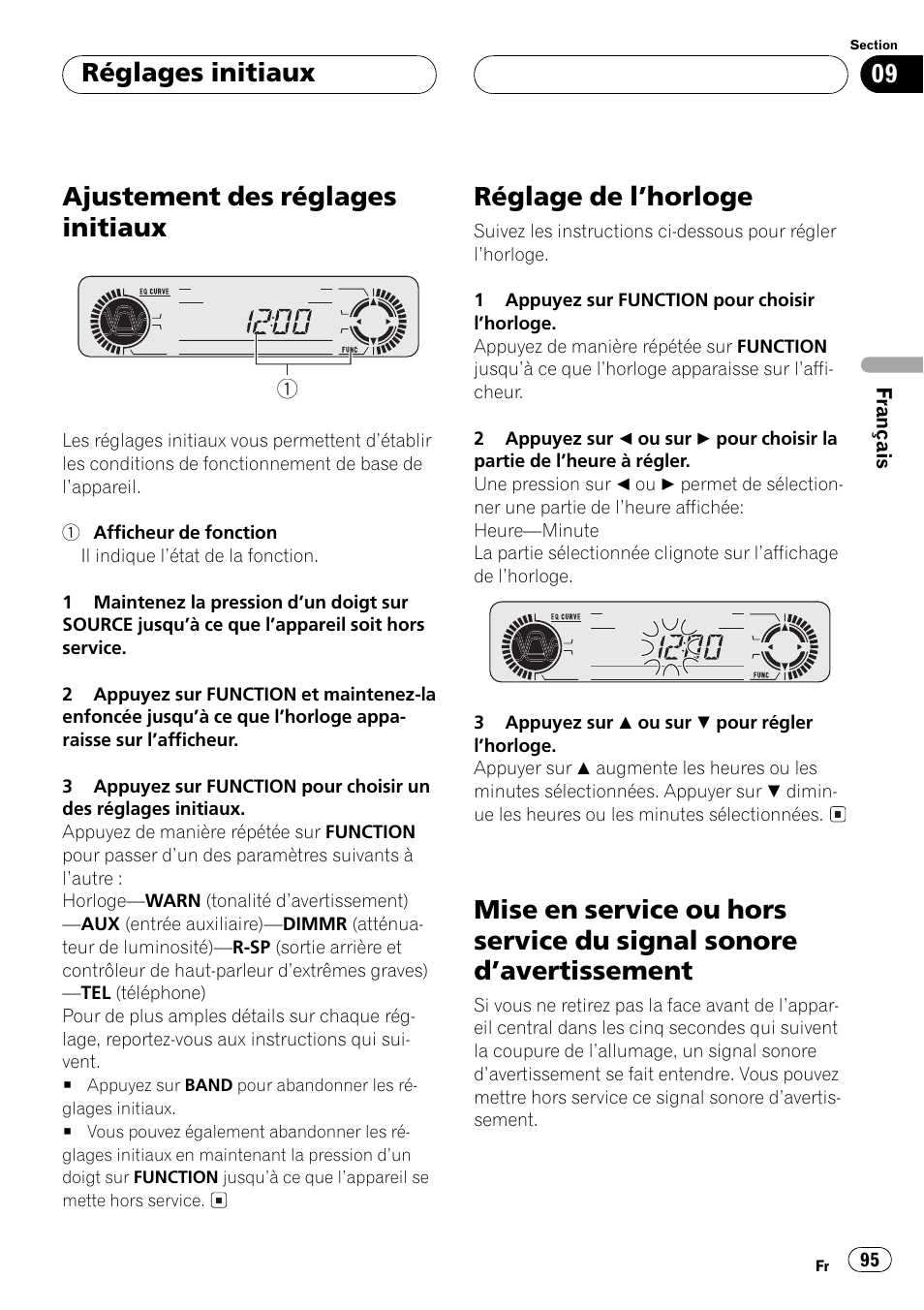 Réglages initiaux, Ajustement des réglages initiaux 95, Réglage de lhorloge 95 | Mise en service ou hors service du signal, Sonore davertissement 95, Ajustement des réglages initiaux, Réglage de lhorloge | Pioneer DEH-P550MP User Manual | Page 95 / 164