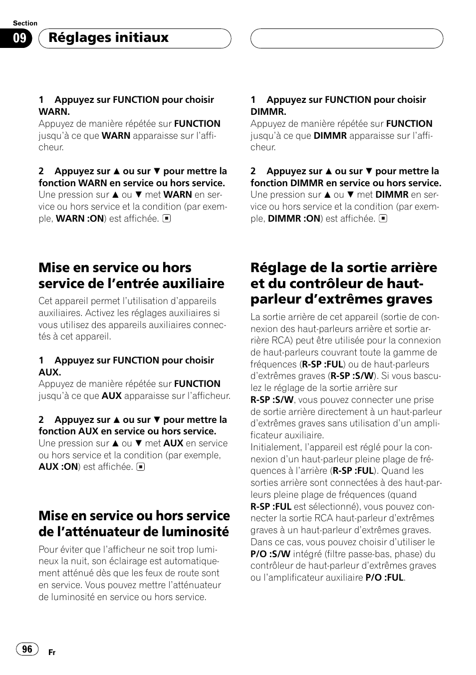 Mise en service ou hors service de lentrée, Auxiliaire 96, Mise en service ou hors service de | Latténuateur de luminosité 96, Réglage de la sortie arrière et du contrôleur, De haut-parleur dextrêmes graves 96, Réglages initiaux | Pioneer DEH-P550MP User Manual | Page 96 / 164
