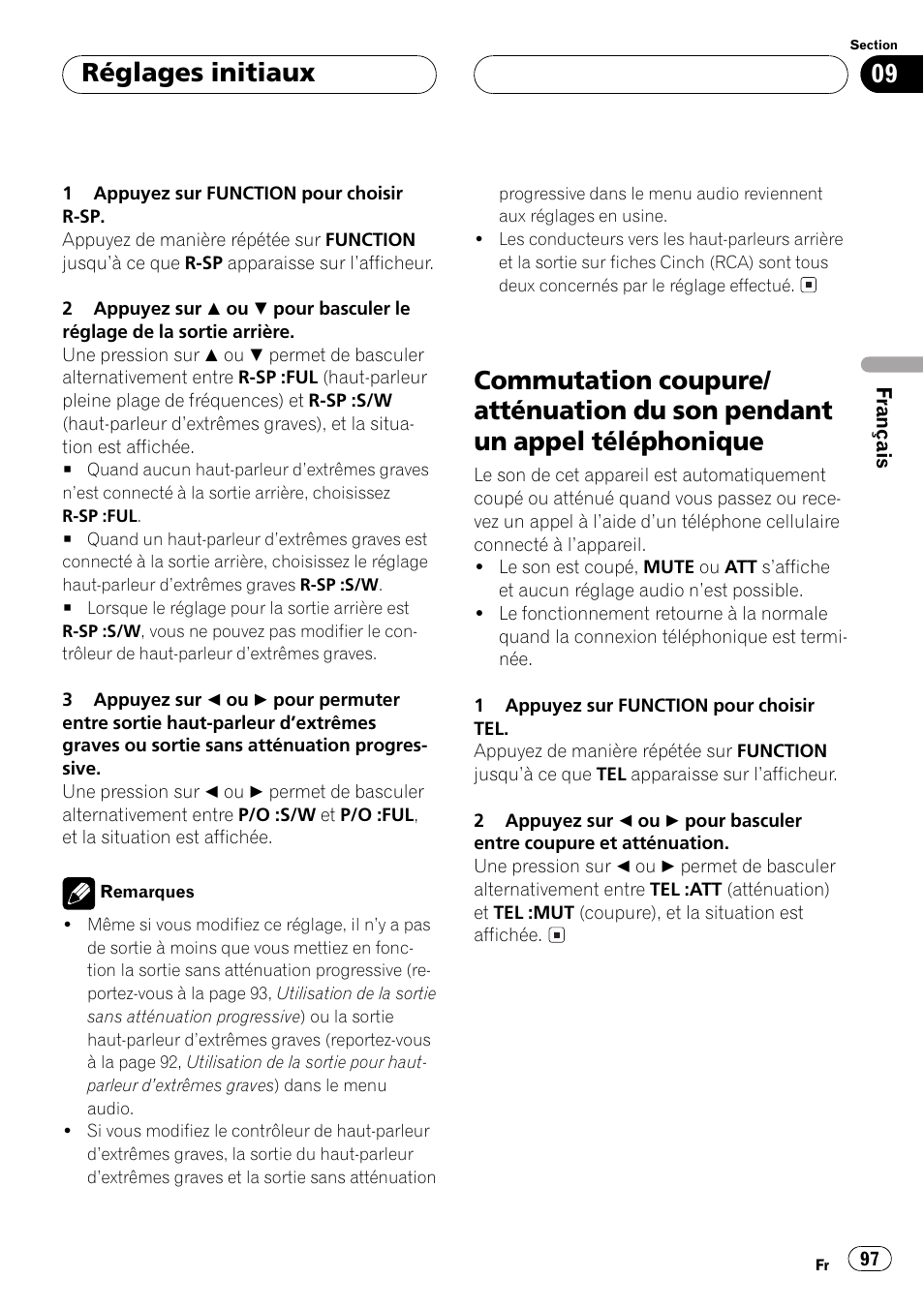 Commutation coupure/atténuation du son, Pendant un appel téléphonique 97, Réglages initiaux | Pioneer DEH-P550MP User Manual | Page 97 / 164