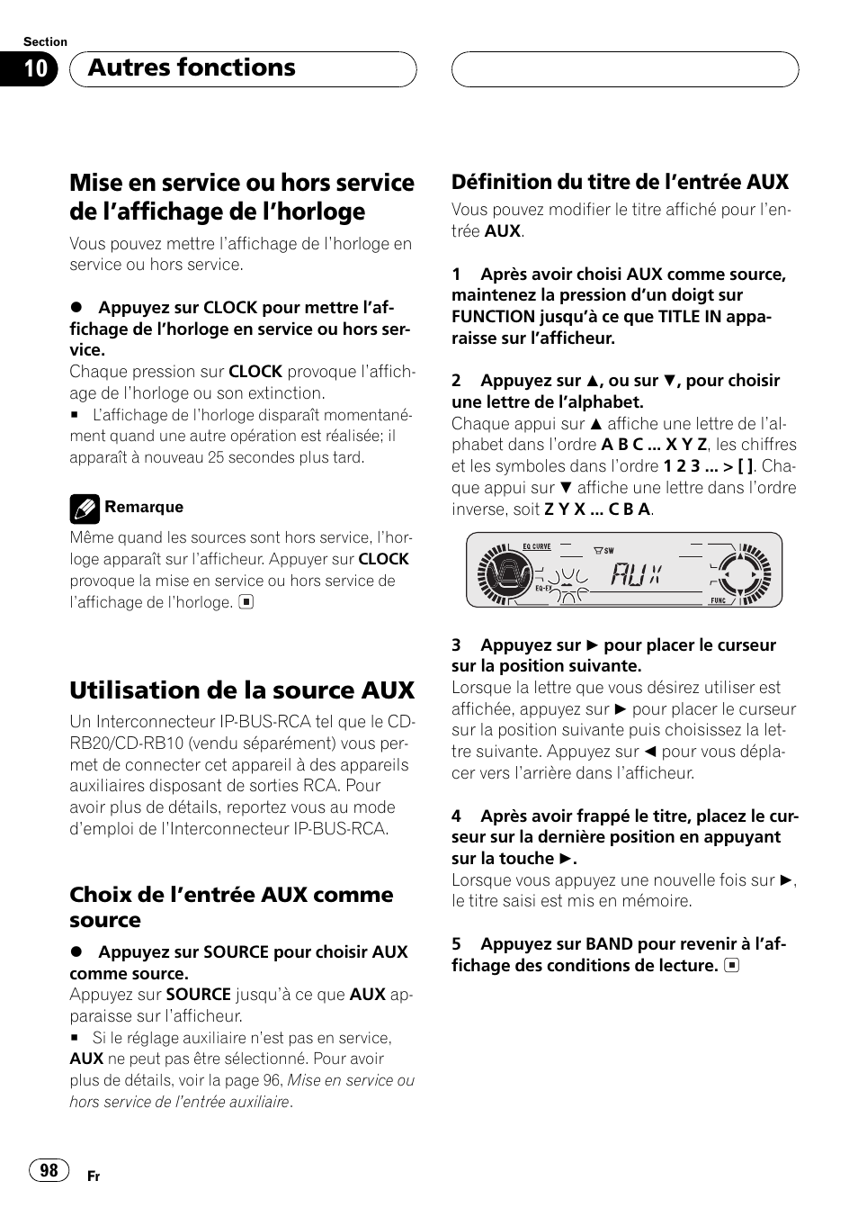 Autres fonctions, Mise en service ou hors service de laffichage, De lhorloge 98 | Utilisation de la source aux 98, Choix de lentrée aux comme, Source 98, Définition du titre de lentrée aux 98, Utilisation de la source aux | Pioneer DEH-P550MP User Manual | Page 98 / 164