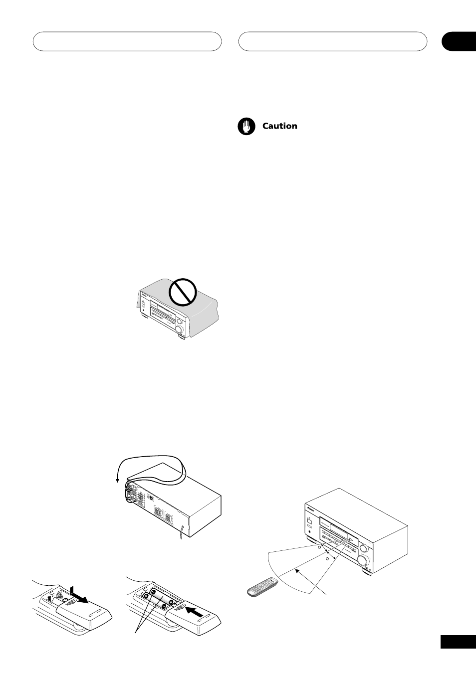 Before you start 01, Checking what’s in the box, Installing the receiver | Making cable connections, Loading the batteries, Operating range of remote control unit | Pioneer VSX-D511 User Manual | Page 5 / 44