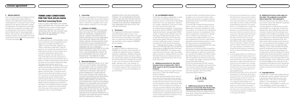 Terms and conditions for the tele atlas data, License agreement, End user licensing terms | Pioneer CNDV-1000HD User Manual | Page 3 / 8