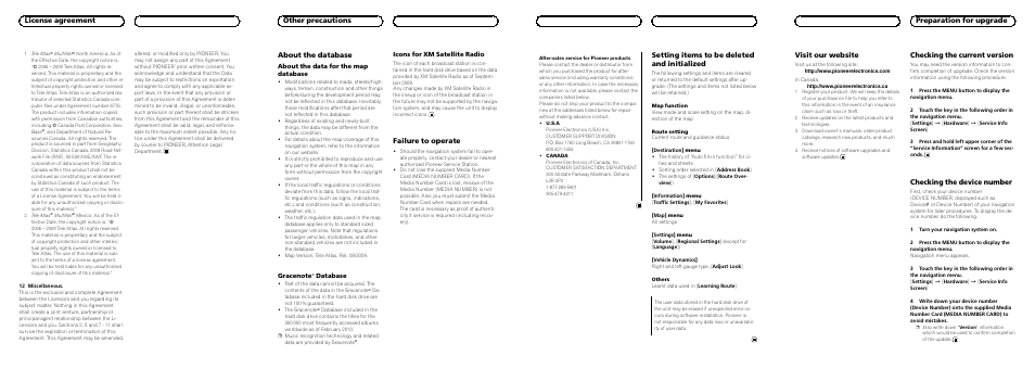 License agreement about the database, Failure to operate, Other precautions | Setting items to be deleted and initialized, Visit our website, Checking the current version, Checking the device number, Preparation for upgrade | Pioneer CNDV-1000HD User Manual | Page 4 / 8