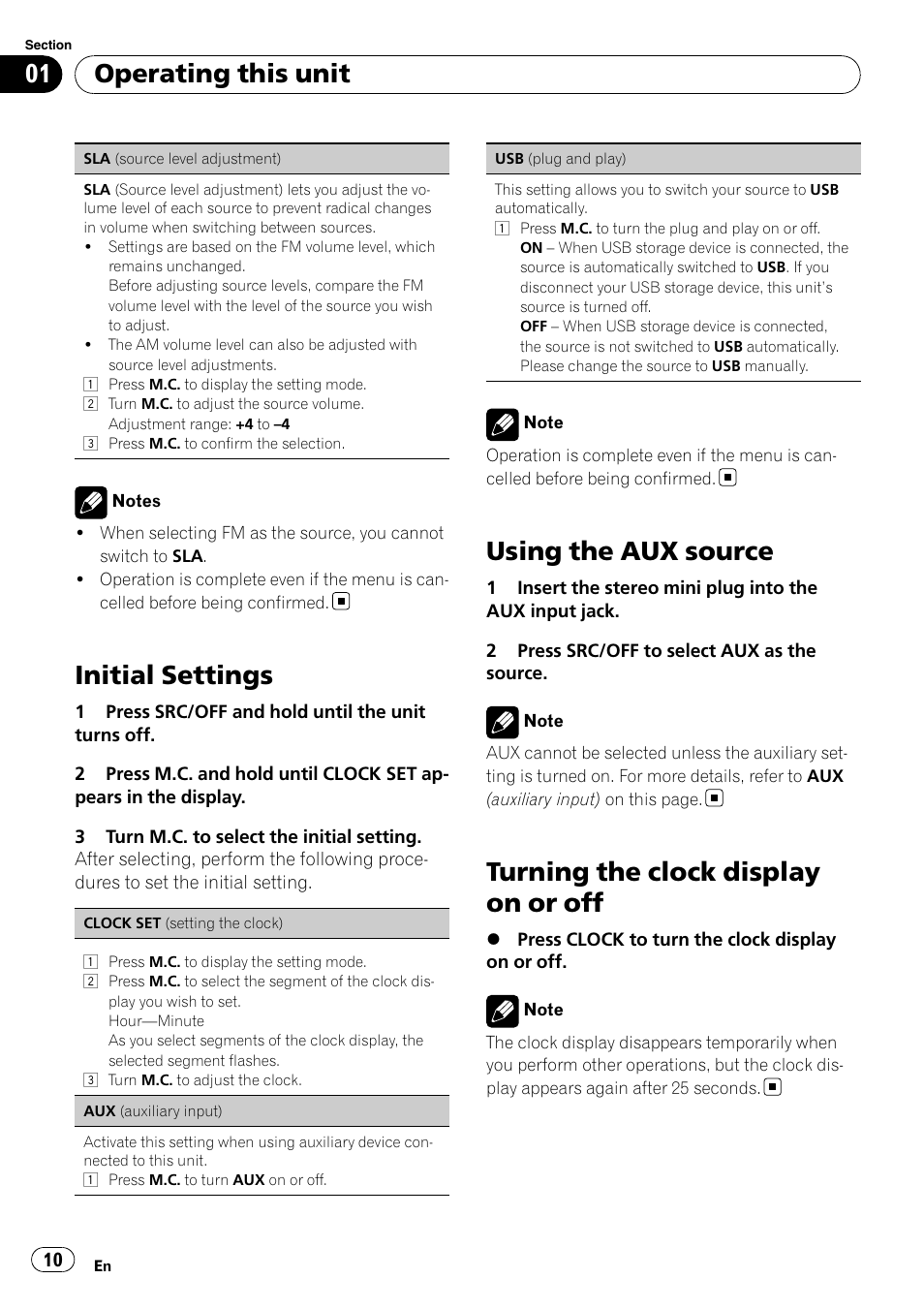Initial settings, Using the aux source, Turning the clock display on or off | Operating this unit | Pioneer DEH-22UB User Manual | Page 10 / 60