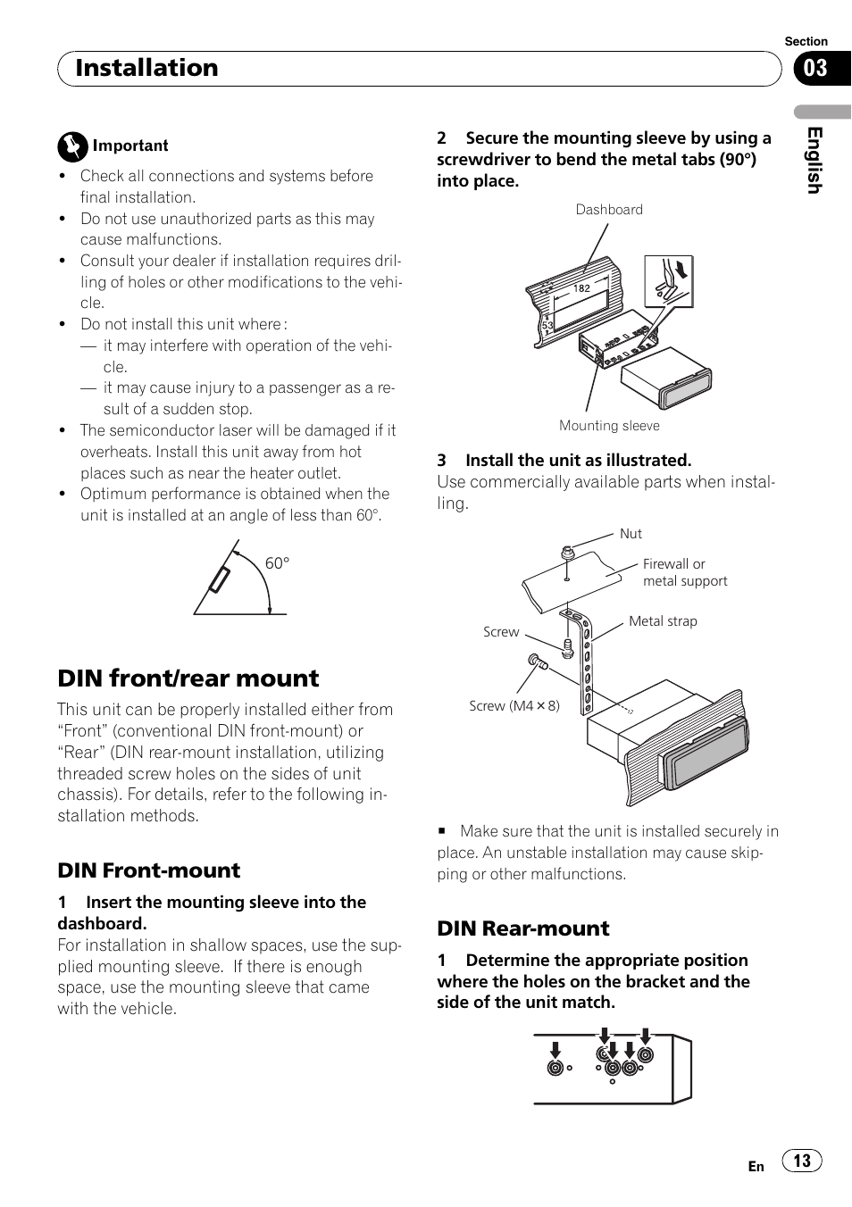 Din front/rear mount, Installation, Din front-mount | Din rear-mount | Pioneer DEH-22UB User Manual | Page 13 / 60