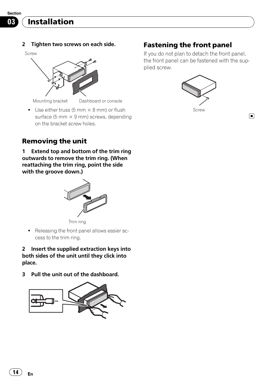 Installation, Removing the unit, Fastening the front panel | Pioneer DEH-22UB User Manual | Page 14 / 60