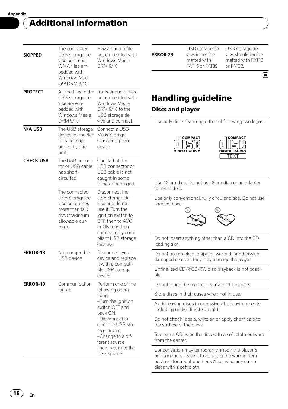 Handling guideline, Additional information | Pioneer DEH-22UB User Manual | Page 16 / 60