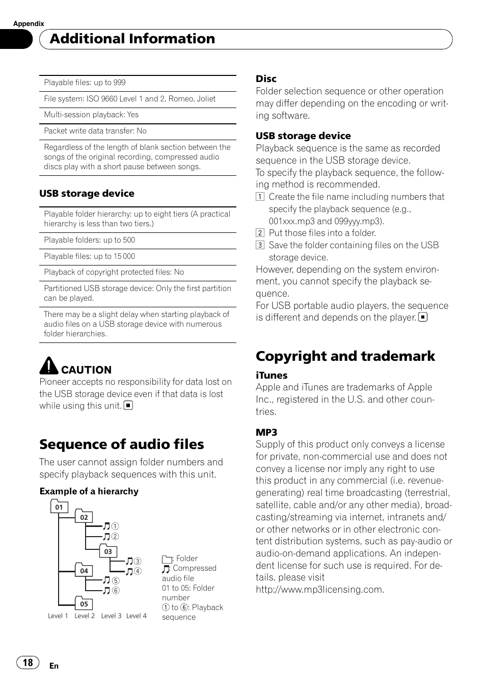 Sequence of audio files, Copyright and trademark, Additional information | Pioneer DEH-22UB User Manual | Page 18 / 60