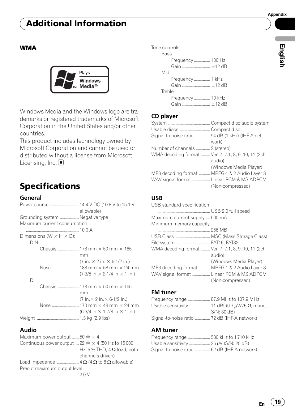 Specifications, Additional information, English | Pioneer DEH-22UB User Manual | Page 19 / 60