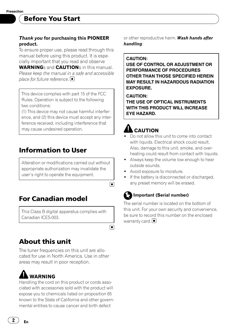 Information to user, For canadian model, About this unit | Before you start | Pioneer DEH-22UB User Manual | Page 2 / 60