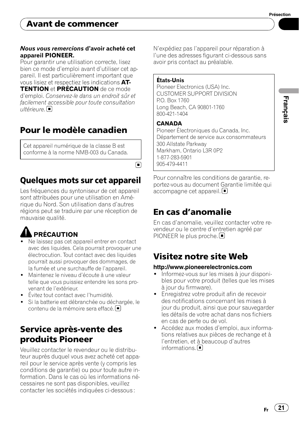 Pour le modèle canadien, Quelques mots sur cet appareil, Service après-vente des produits pioneer | En cas d ’anomalie, Visitez notre site web, Avant de commencer | Pioneer DEH-22UB User Manual | Page 21 / 60