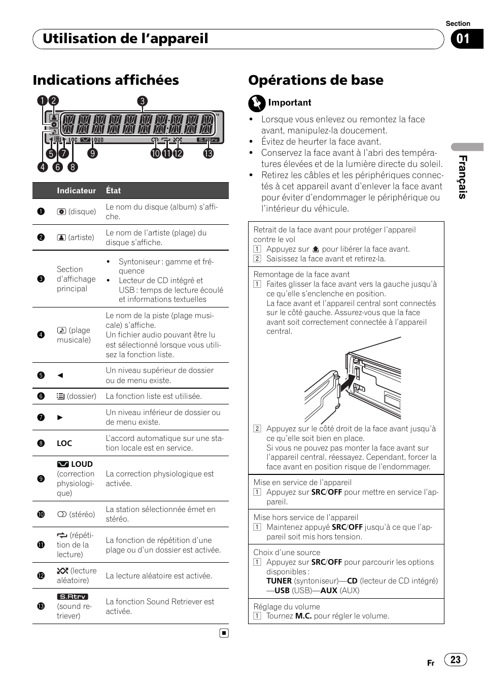Indications affichées, Opérations de base, Utilisation de l ’appareil | Français | Pioneer DEH-22UB User Manual | Page 23 / 60