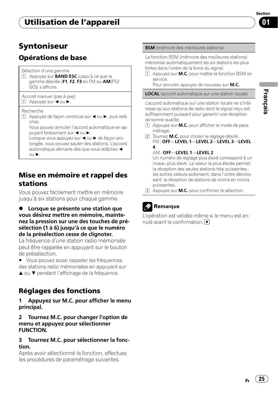 Syntoniseur, Utilisation de l ’appareil, Opérations de base | Mise en mémoire et rappel des stations, Réglages des fonctions, Français | Pioneer DEH-22UB User Manual | Page 25 / 60