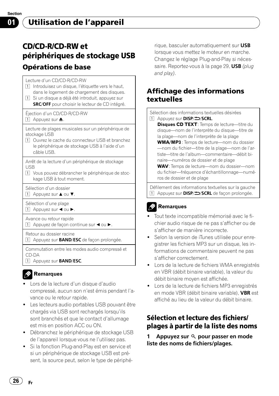 Cd/cd-r/cd-rw et périphériques de stockage usb, Utilisation de l ’appareil, Opérations de base | Affichage des informations textuelles | Pioneer DEH-22UB User Manual | Page 26 / 60