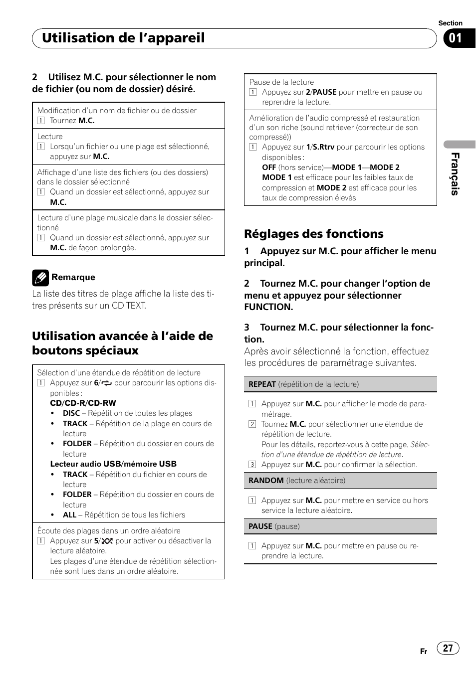 Utilisation de l ’appareil, Utilisation avancée à l ’aide de boutons spéciaux, Réglages des fonctions | Français | Pioneer DEH-22UB User Manual | Page 27 / 60