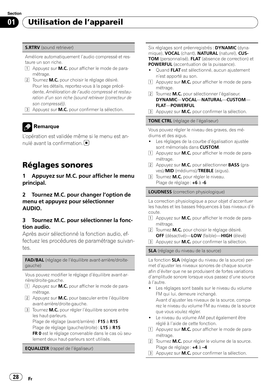 Réglages sonores, Utilisation de l ’appareil | Pioneer DEH-22UB User Manual | Page 28 / 60