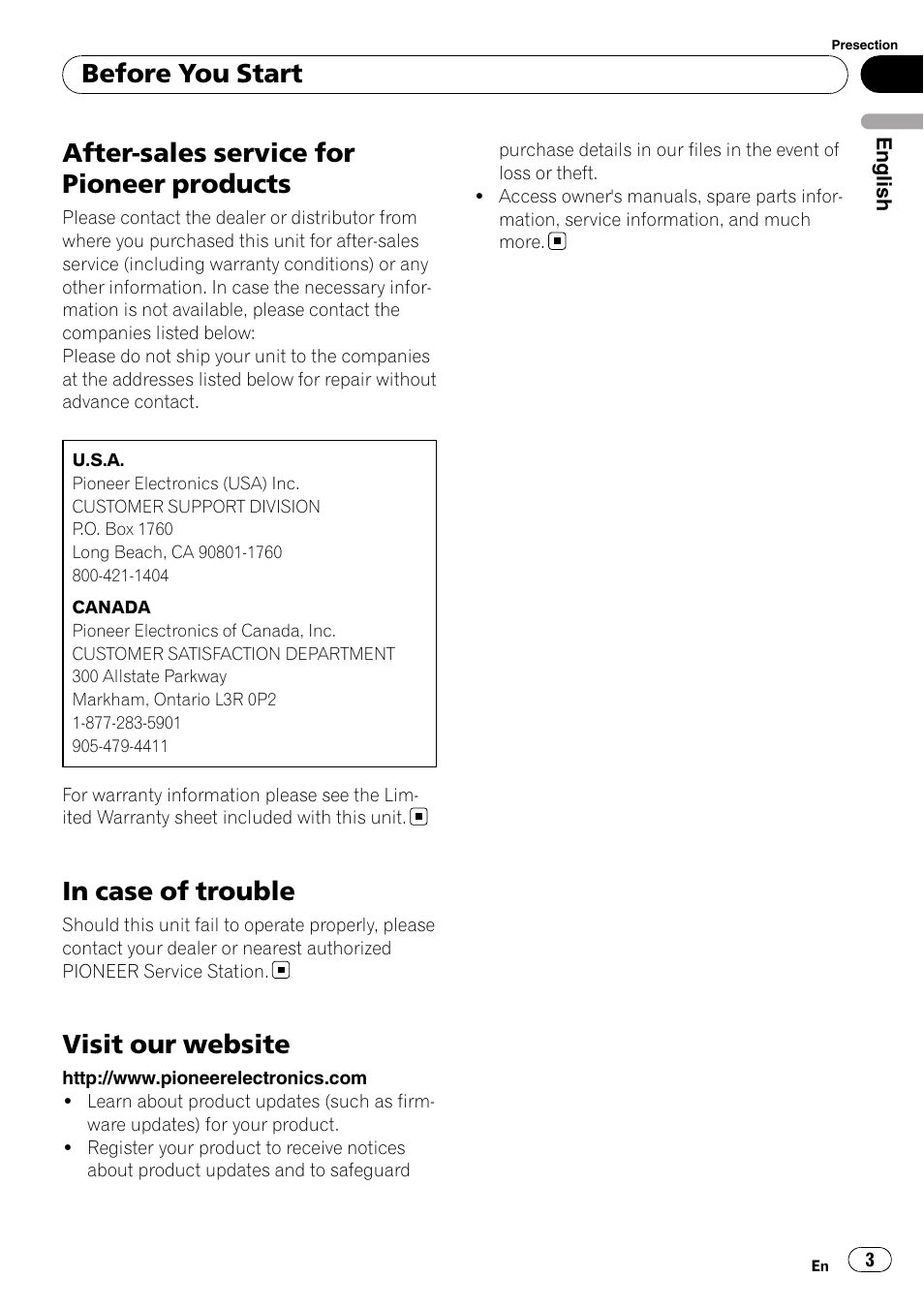 After-sales service for pioneer products, Visit our website, Before you start | Pioneer DEH-22UB User Manual | Page 3 / 60