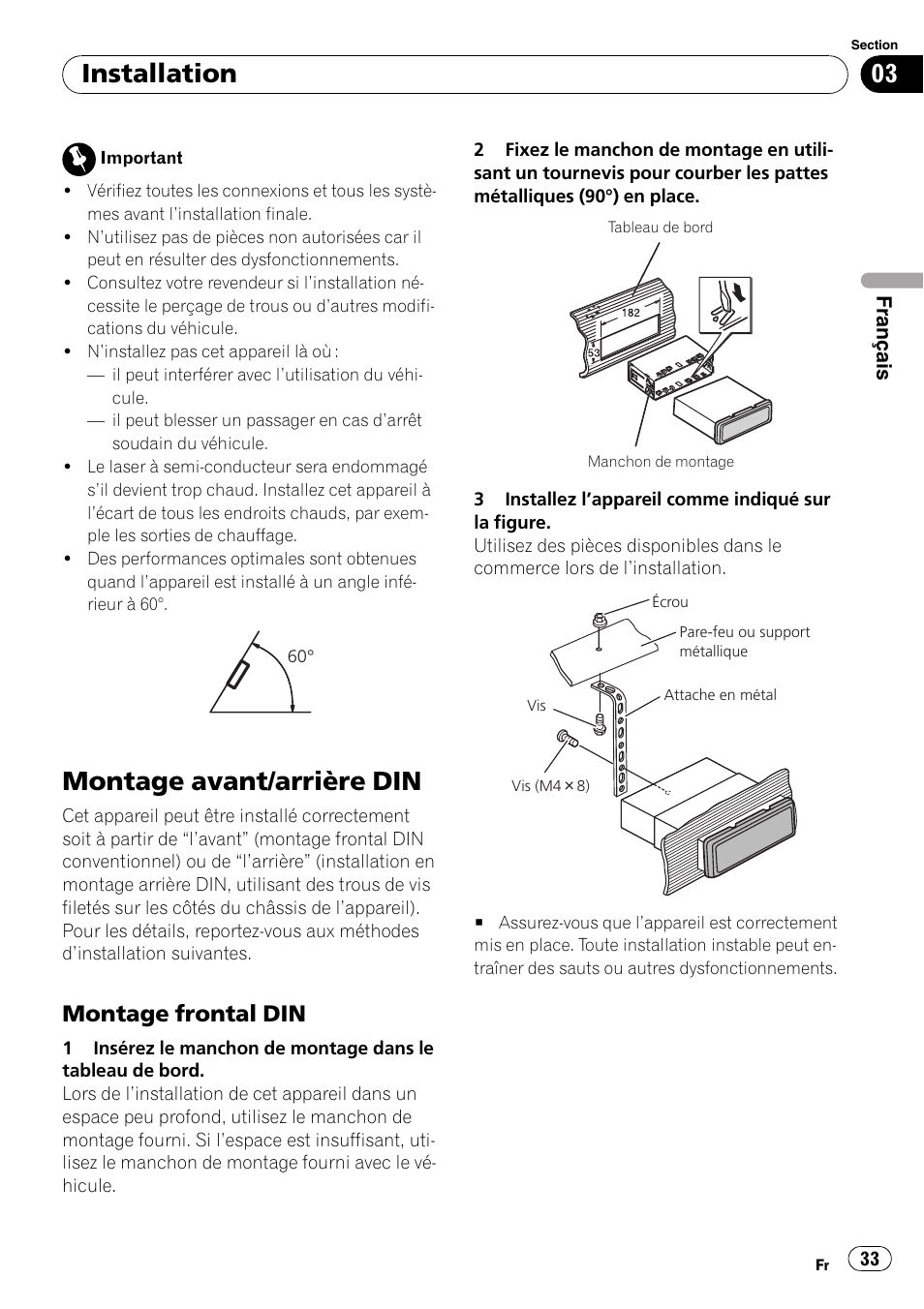 Montage avant/arrière din, Installation, Montage frontal din | Pioneer DEH-22UB User Manual | Page 33 / 60