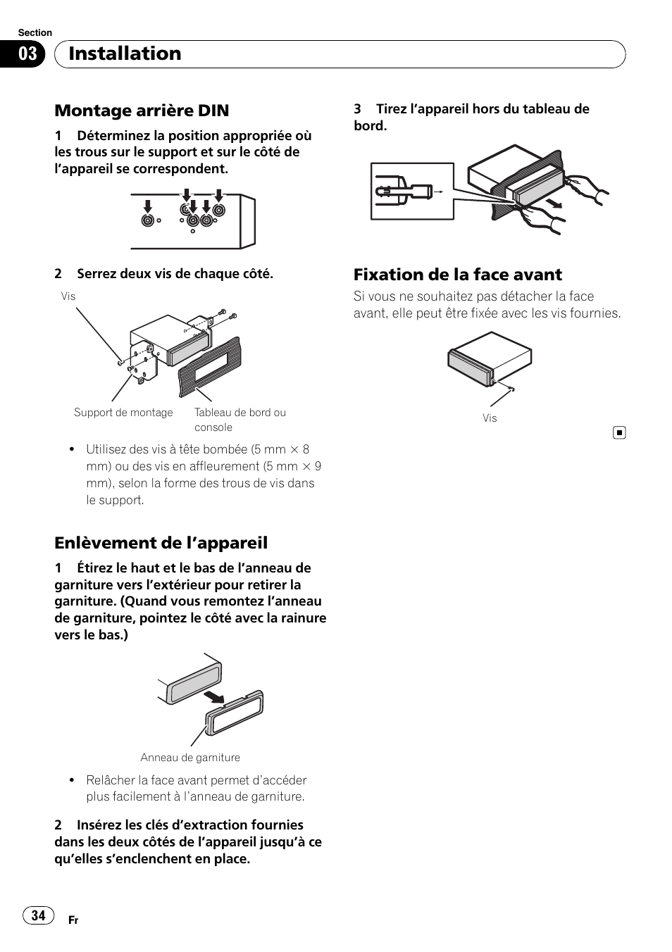 Installation, Montage arrière din, Enlèvement de l ’appareil | Fixation de la face avant | Pioneer DEH-22UB User Manual | Page 34 / 60