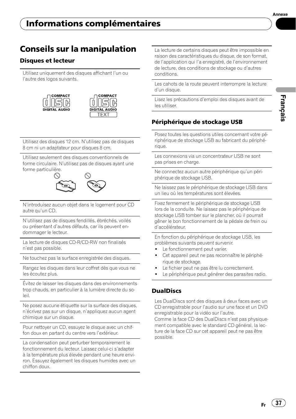 Conseils sur la manipulation, Informations complémentaires, Français | Pioneer DEH-22UB User Manual | Page 37 / 60