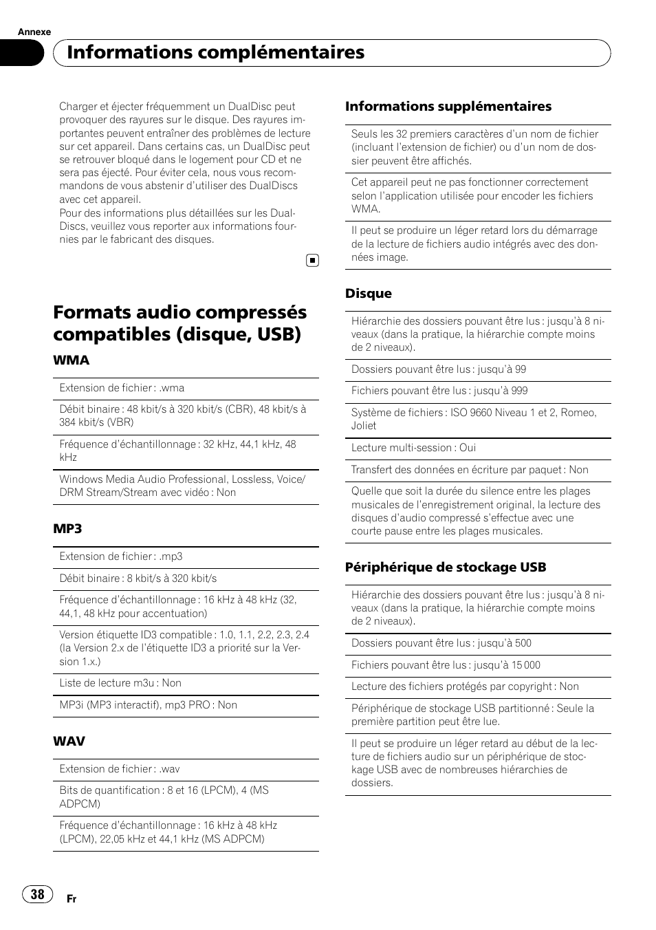 Formats audio compressés compatibles (disque, usb), Informations complémentaires | Pioneer DEH-22UB User Manual | Page 38 / 60