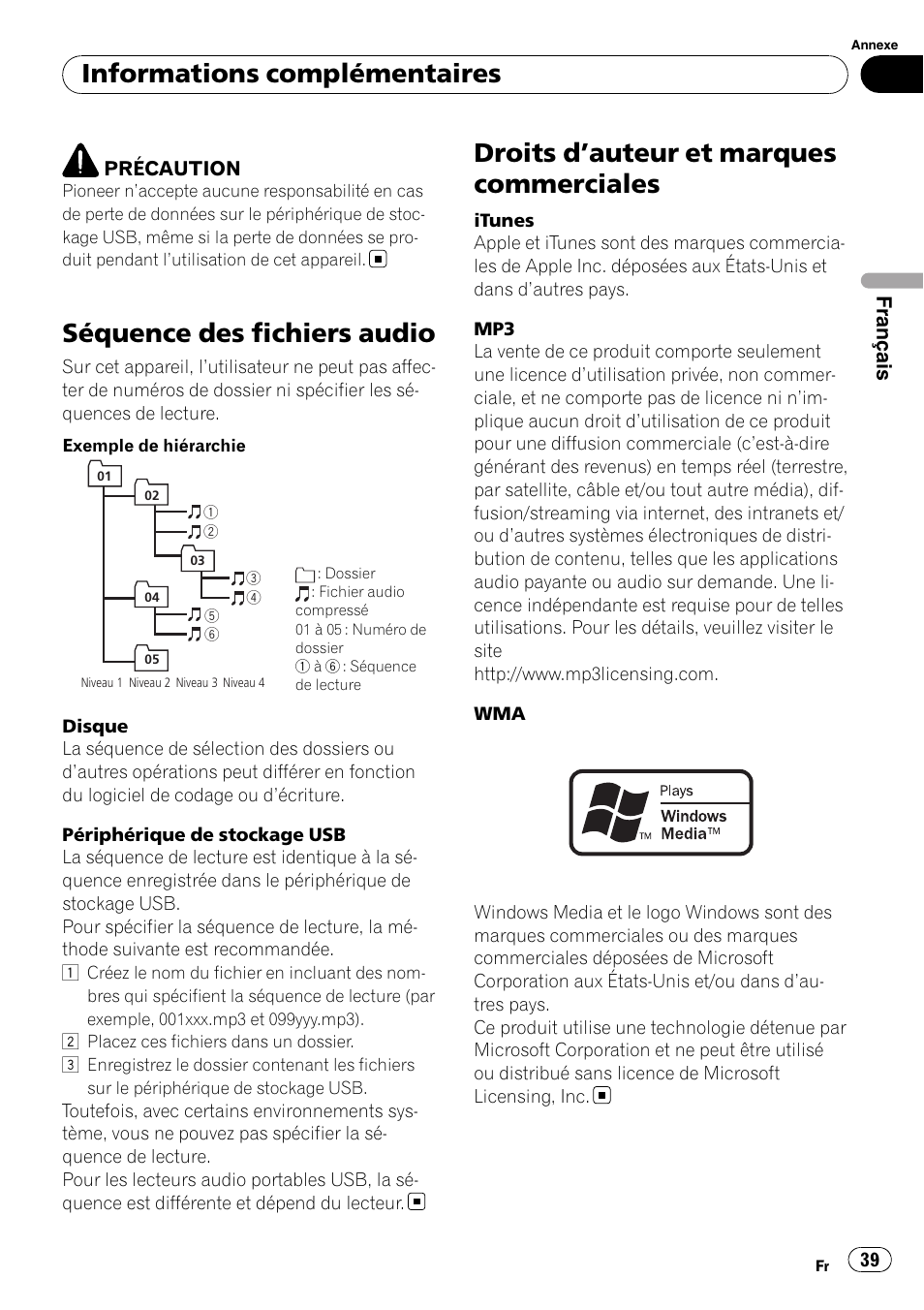 Séquence des fichiers audio, Droits d ’auteur et marques commerciales, Informations complémentaires | Pioneer DEH-22UB User Manual | Page 39 / 60