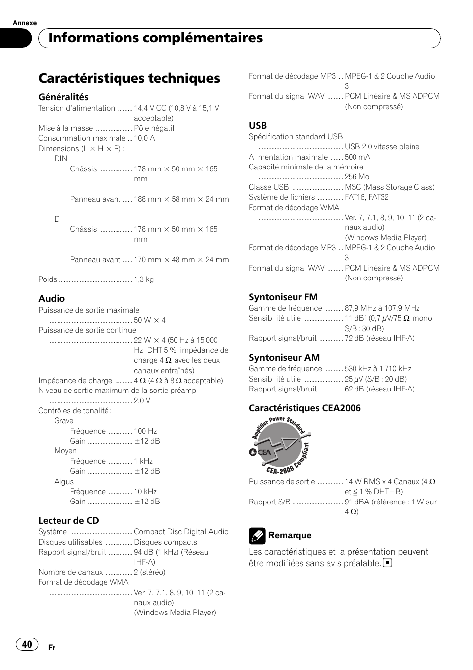 Caractéristiques techniques, Informations complémentaires | Pioneer DEH-22UB User Manual | Page 40 / 60