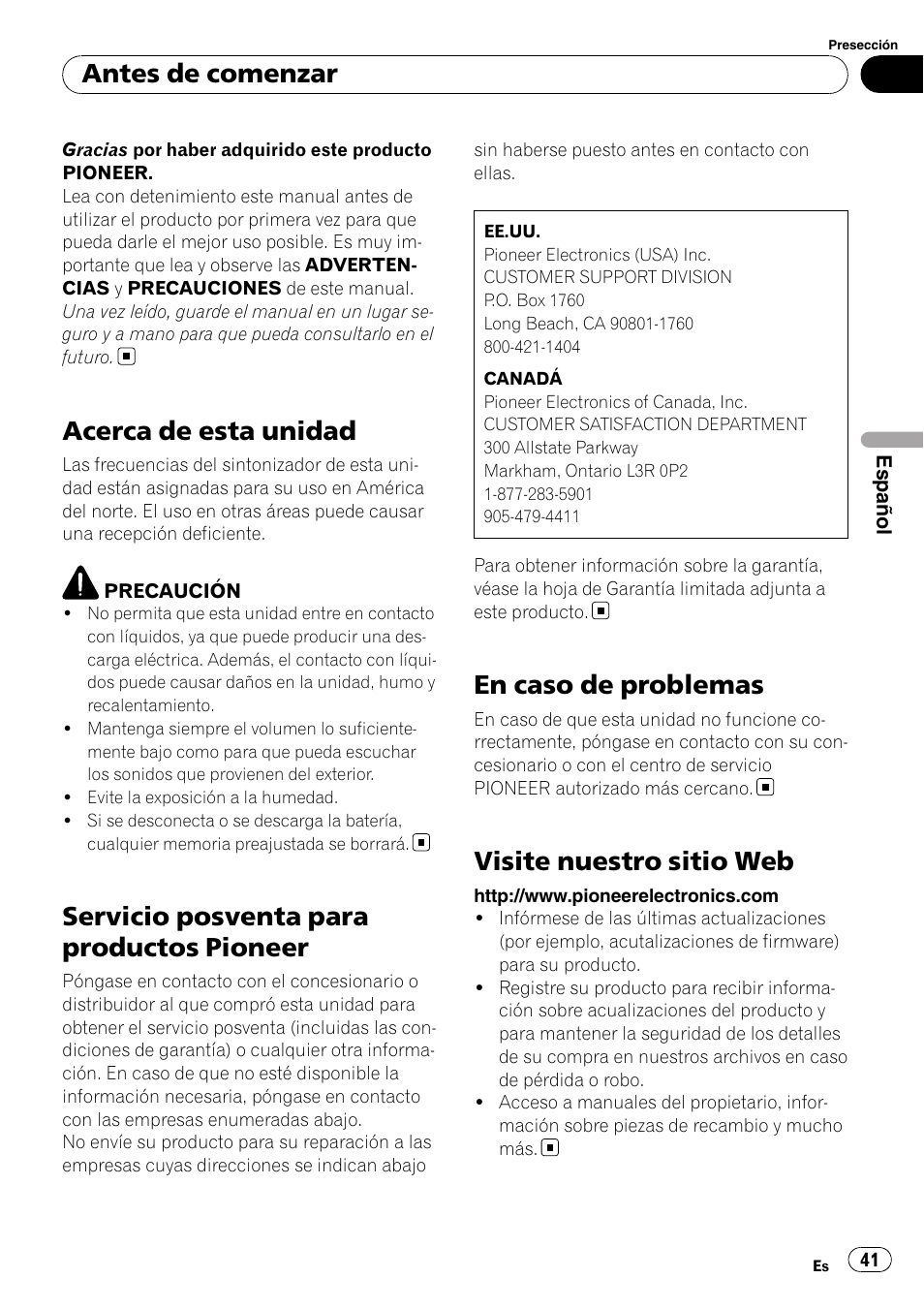 Acerca de esta unidad, Servicio posventa para productos pioneer, En caso de problemas | Visite nuestro sitio web, Antes de comenzar | Pioneer DEH-22UB User Manual | Page 41 / 60