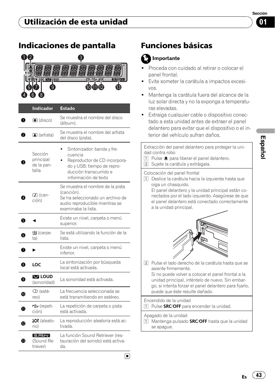 Indicaciones de pantalla, Funciones básicas, Utilización de esta unidad | Español | Pioneer DEH-22UB User Manual | Page 43 / 60