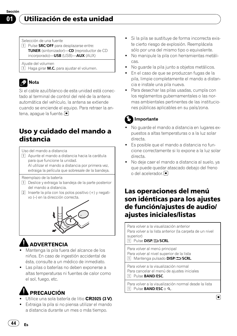 Uso y cuidado del mando a distancia, Utilización de esta unidad | Pioneer DEH-22UB User Manual | Page 44 / 60