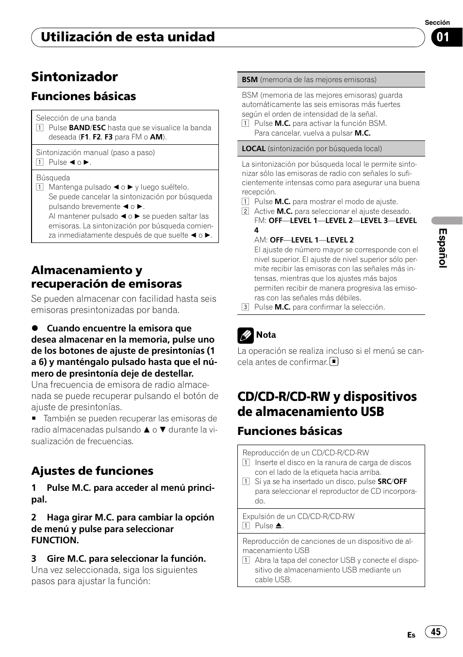 Sintonizador, Cd/cd-r/cd-rw y dispositivos de almacenamiento usb, Utilización de esta unidad | Funciones básicas, Almacenamiento y recuperación de emisoras, Ajustes de funciones | Pioneer DEH-22UB User Manual | Page 45 / 60