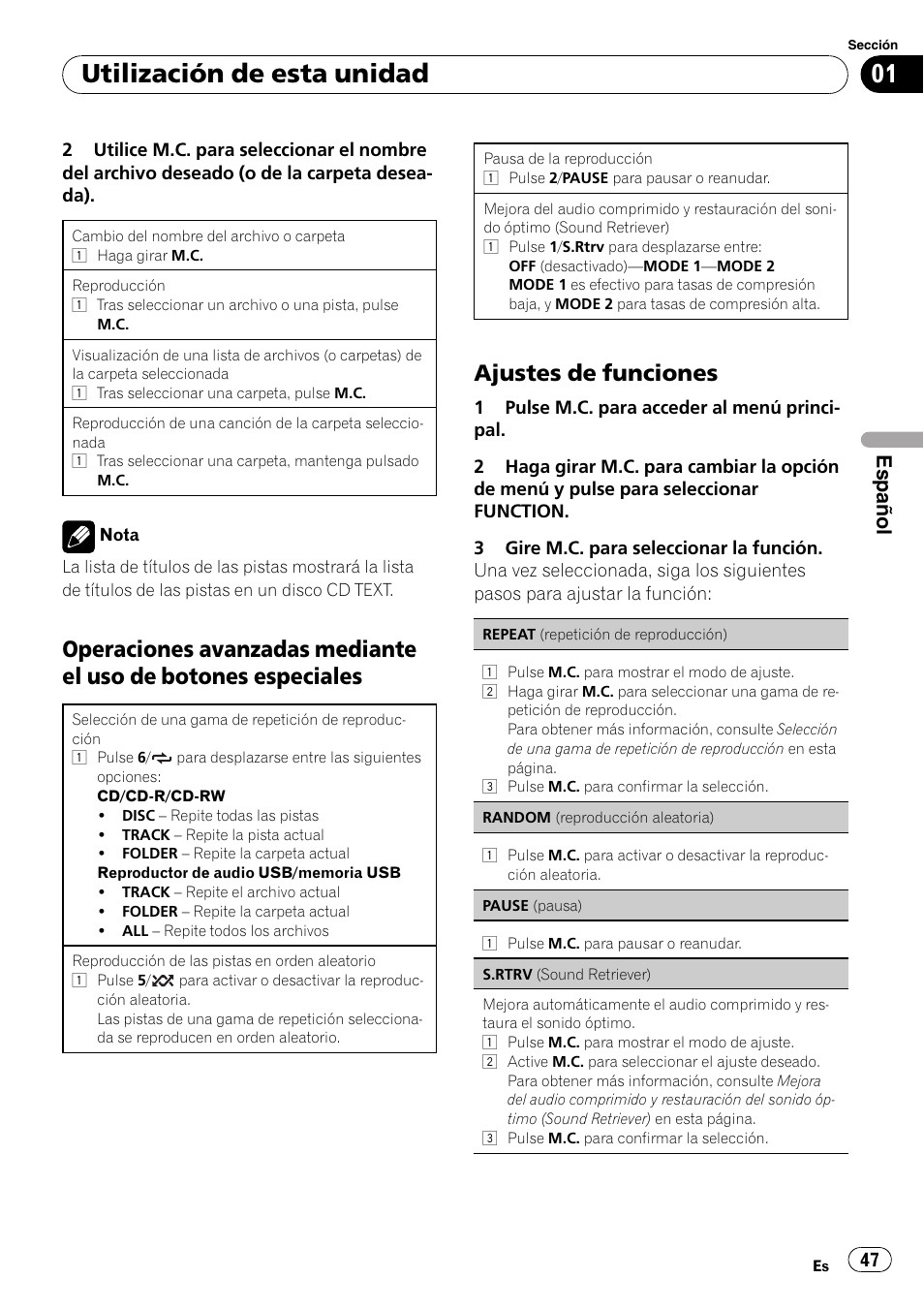 Utilización de esta unidad, Ajustes de funciones, Español | Pioneer DEH-22UB User Manual | Page 47 / 60
