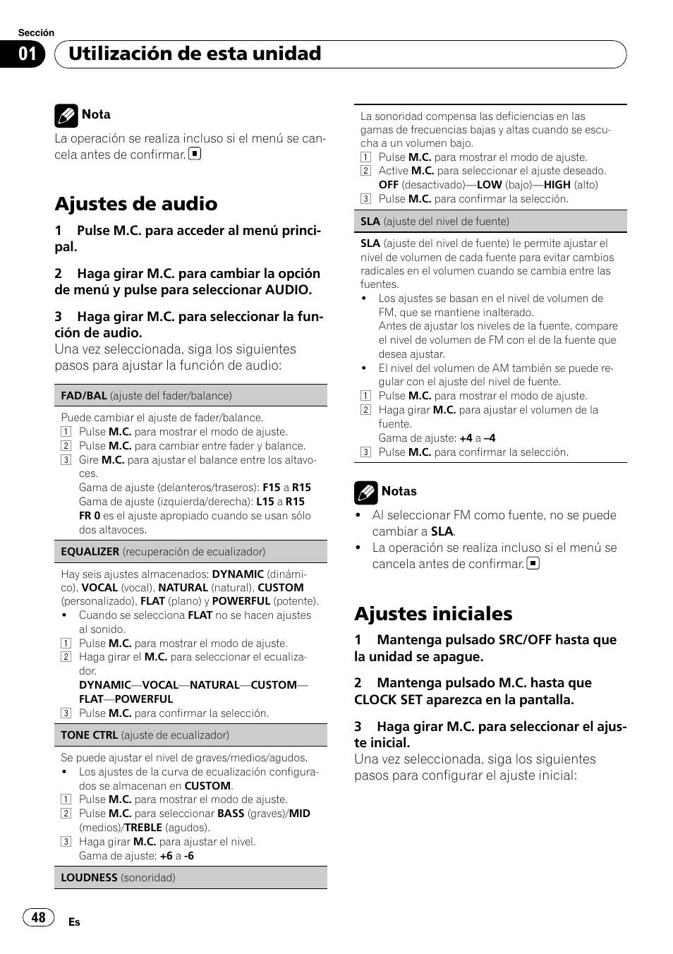 Ajustes de audio, Ajustes iniciales, Utilización de esta unidad | Pioneer DEH-22UB User Manual | Page 48 / 60